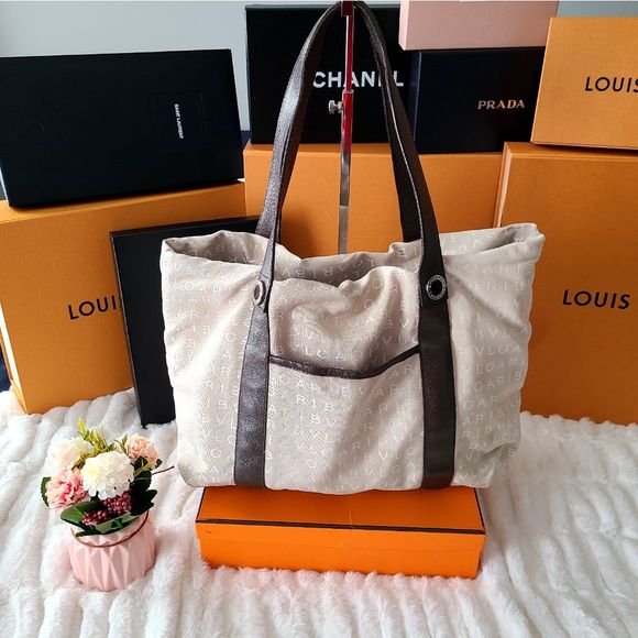 BVLGARI| Logo Mania Canvas and Leather Tote Bag| Women's Bag - Picture 1 of 13